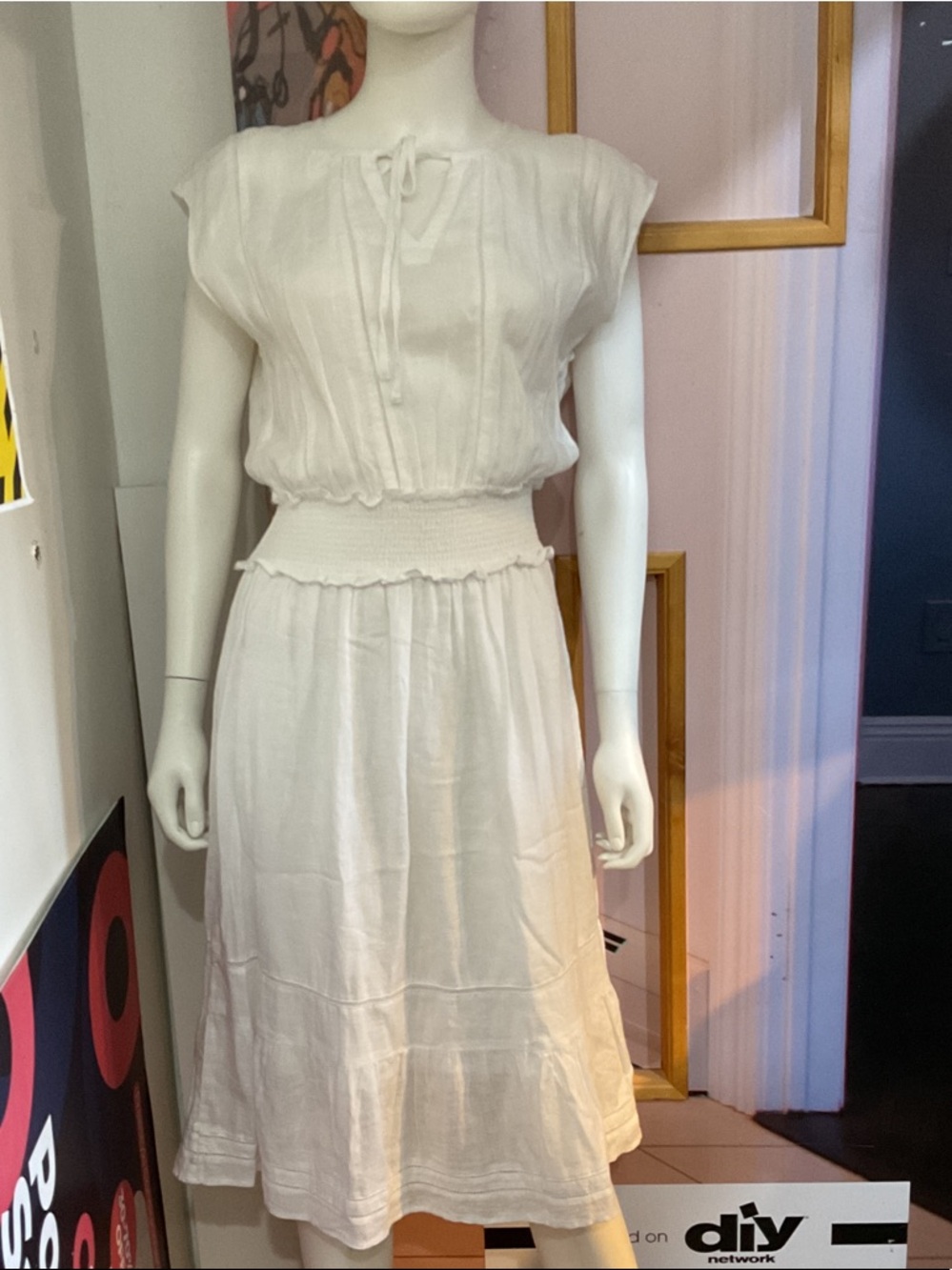 Rails Cream Smocked-Waist Midi Dress